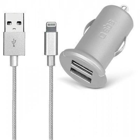 Cargador de coche universal doble salida más cable de datos Apple MFI Lightning SBS Gold Collection plata