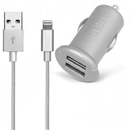 Cargador de coche universal doble salida más cable de datos Apple MFI Lightning SBS Gold Collection plata