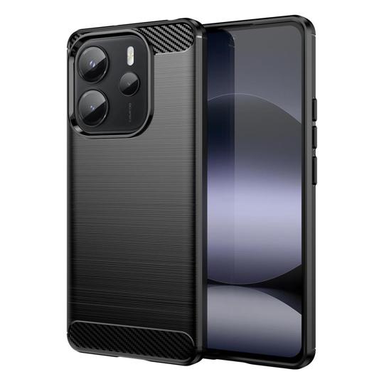 Funda silicona Xiaomi Redmi Note 14 4G, alta protección e inserciones símil a fibra de carbono negro
