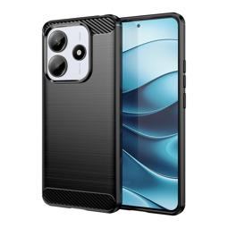 Funda silicona Xiaomi Redmi Note 14 5G, alta protección e inserciones símil a fibra de carbono negro