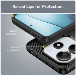 Funda silicona Xiaomi Redmi Note 14 5G, alta protección e inserciones símil a fibra de carbono negro