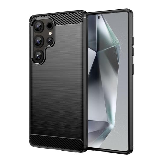 Funda silicona Samsung Galaxy S25 Ultra, alta protección e inserciones símil a fibra de carbono negro