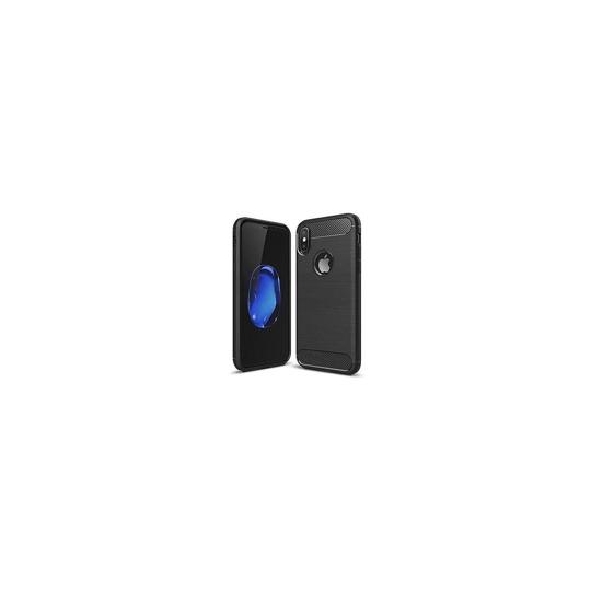Funda silicona iPhone XS Max, alta protección e inserciones simil a fibra de carbono negro