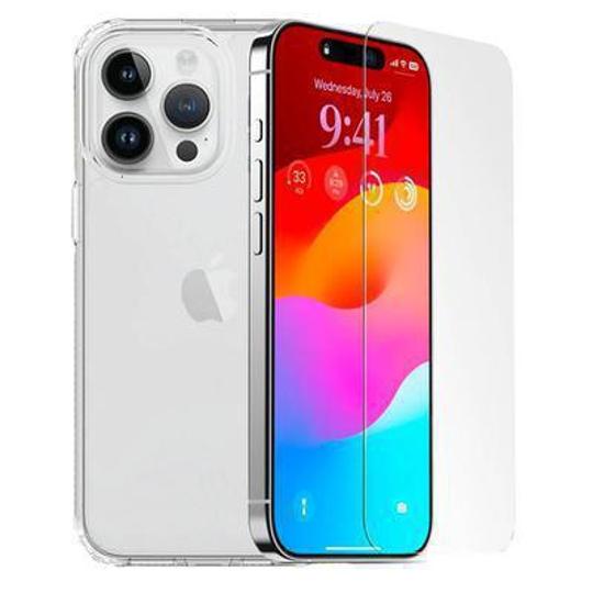 Protector cristal templado + carcasa híbrida iPhone 15 Pro Max transparente