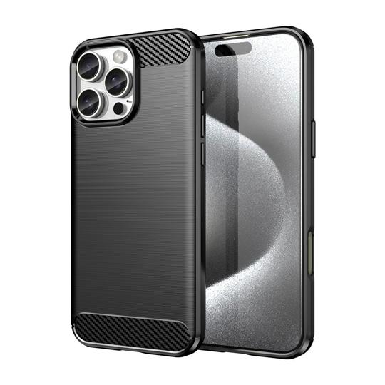 Funda silicona iPhone 16 Pro Max, alta protección e inserciones símil a fibra de carbono negro