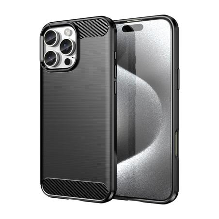Funda silicona iPhone 16 Pro Max, alta protección e inserciones símil a fibra de carbono negro