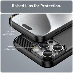 Funda silicona iPhone 16 Pro Max, alta protección e inserciones símil a fibra de carbono negro