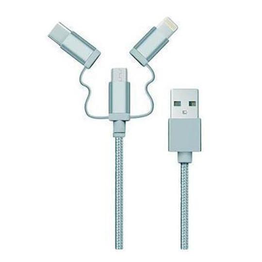 Cable smartphone 3 en 1, microUSB, Tipo C y Lightning, color blanco