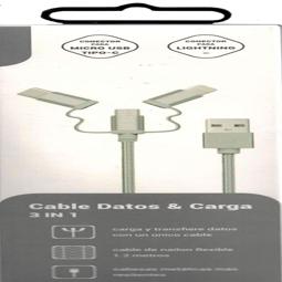 Cable smartphone 3 en 1, microUSB, Tipo C y Lightning, color blanco