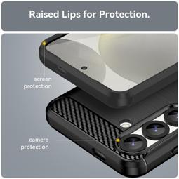Funda silicona Samsung Galaxy S25, alta protección e inserciones símil a fibra de carbono negro