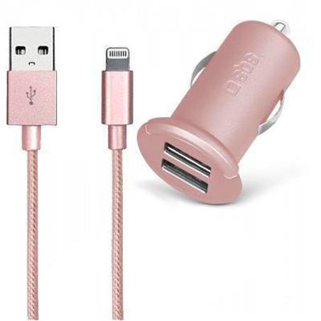 Cargador de coche universal doble salida más cable de datos Apple MFI Lightning SBS Gold Collection rosa