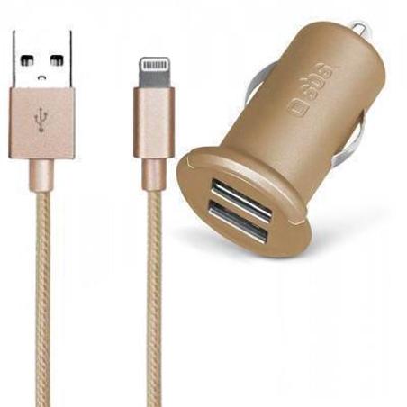 Cargador de coche universal doble salida más cable de datos Apple MFI Lightning SBS Gold Collection dorado