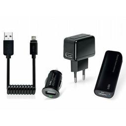 Kit alimentación 4 en 1. Cargador de red + coche + batería externa + cable microUSB