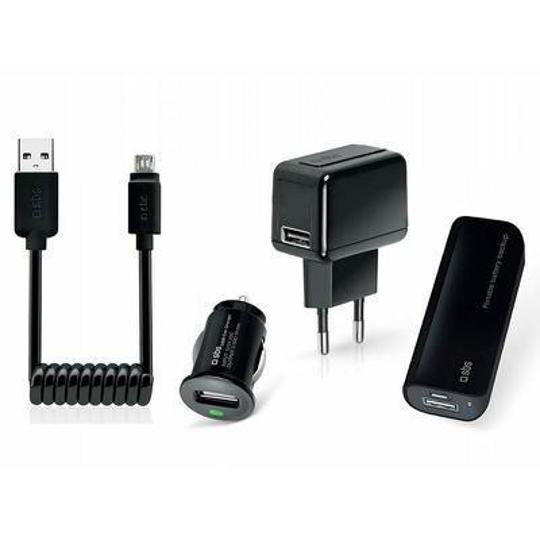 Kit alimentación 4 en 1. Cargador de red + coche + batería externa + cable microUSB